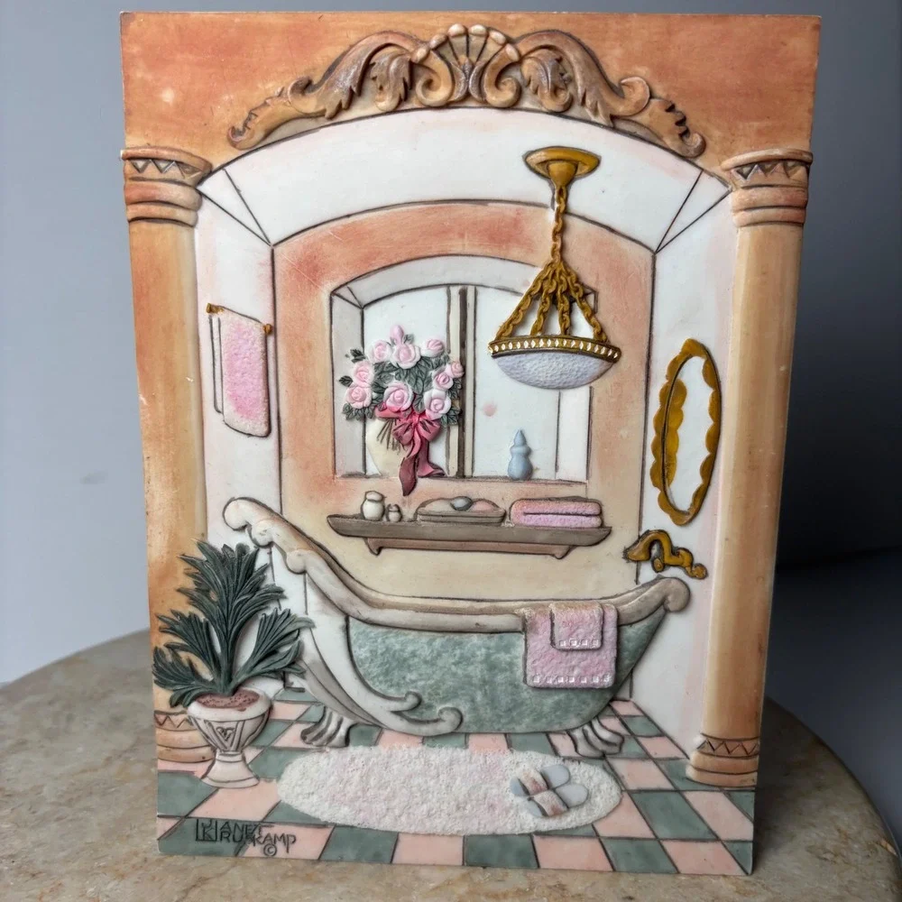 Janet Kruskamp 3D   Plaque 8x6 Pastel Victorian Bathroom Clawfoot Tub Art